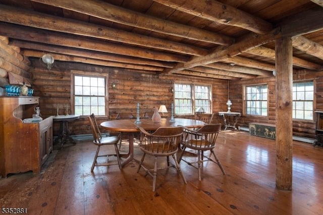 dining area with wood-type flooring, rustic walls, wood ceiling, and beam ceiling