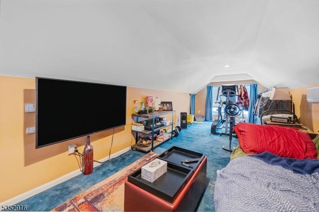 carpeted living room with baseboards, a wall unit AC, and lofted ceiling