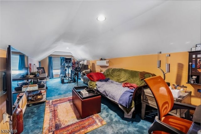 living area featuring vaulted ceiling and carpet