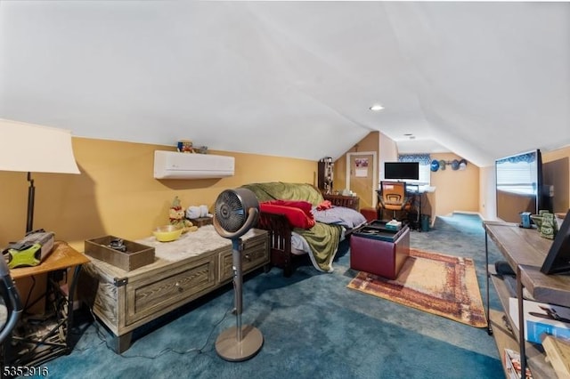bedroom featuring a wall mounted air conditioner, carpet flooring, and vaulted ceiling