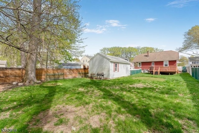 view of yard with a wooden deck and a fenced backyard