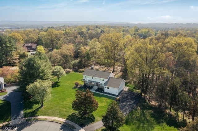 drone / aerial view featuring a view of trees