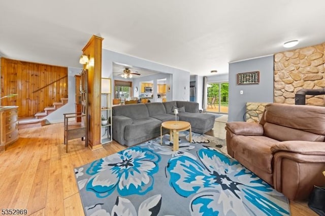 6 New Myrtle Dr, Montague Twp, NJ 07827 - living room featuring stairway, light wood-type flooring, and ceiling fan