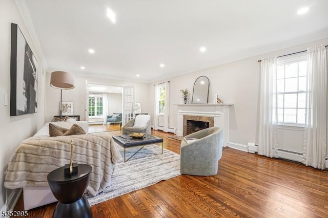 living room with a fireplace, recessed lighting, and wood finished floors
