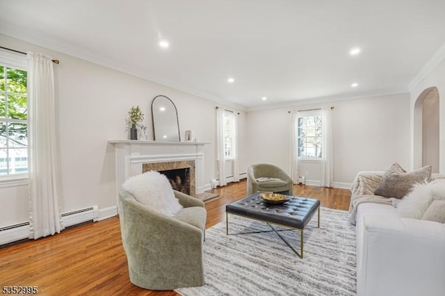 living room featuring ornamental molding, wood finished floors, recessed lighting, a high end fireplace, and arched walkways