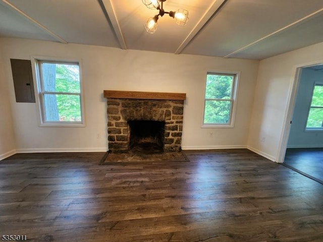 7 Raccoon Island Rd, Jefferson Twp, NJ 07849 - unfurnished living room with dark wood finished floors, electric panel, and baseboards