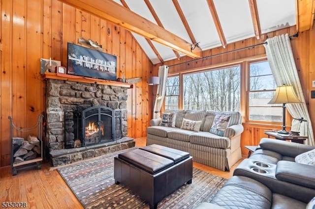 living area featuring wood walls and wood finished floors
