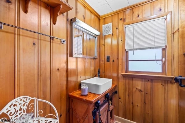 bathroom featuring visible vents, wooden walls, and a sink