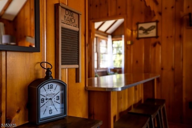 interior space featuring wooden walls