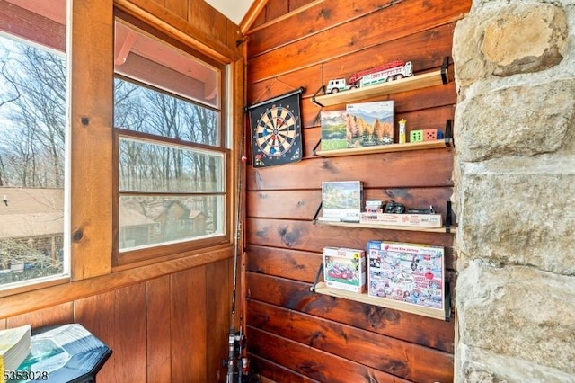 interior space featuring wood walls
