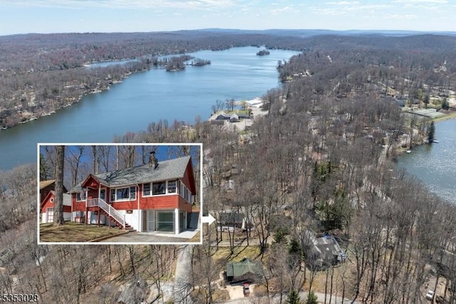 bird's eye view with a forest view and a water view
