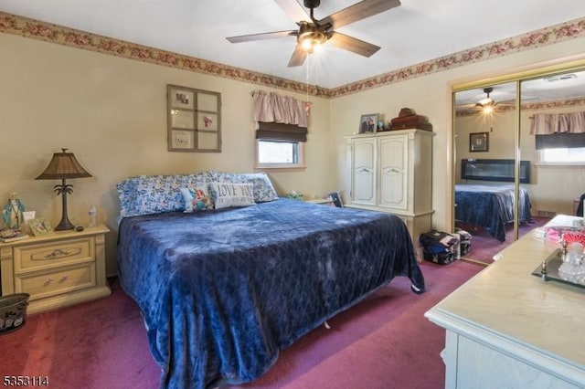 bedroom with ceiling fan, a closet, and carpet floors