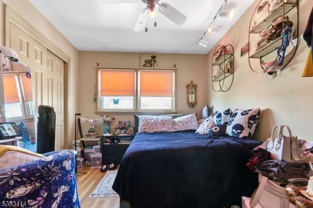 bedroom with light wood finished floors, a closet, multiple windows, and ceiling fan