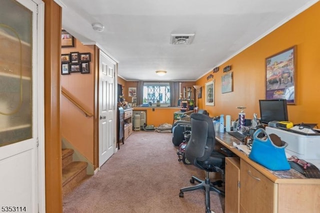carpeted office featuring ornamental molding and visible vents
