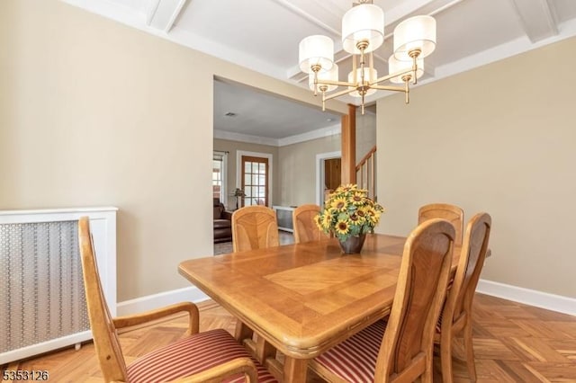 dining space featuring crown molding, stairs, beam ceiling, baseboards, and a notable chandelier