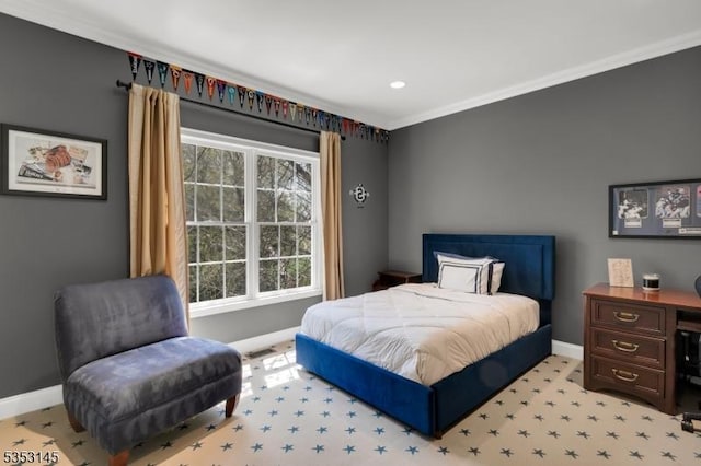 bedroom with baseboards, ornamental molding, light carpet, and recessed lighting