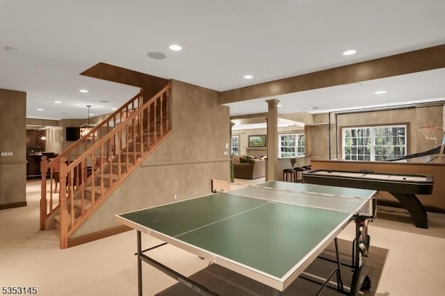 rec room featuring carpet floors and recessed lighting