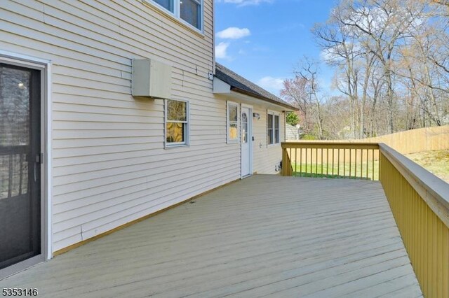 wooden terrace featuring fence