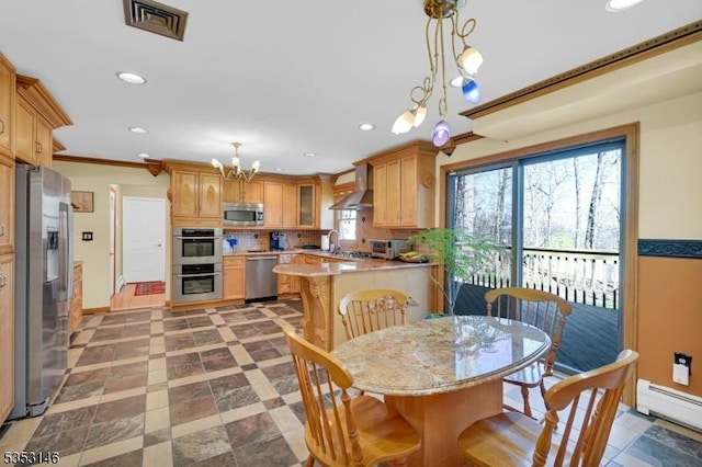 dining room featuring a notable chandelier, visible vents, recessed lighting, baseboards, and a baseboard heating unit