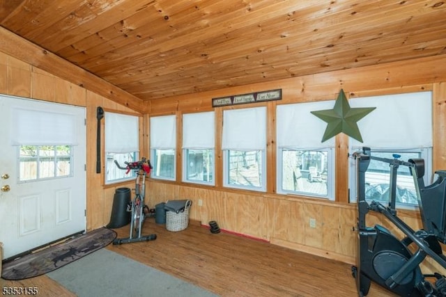 exercise area featuring wood walls, wood ceiling, wood finished floors, and vaulted ceiling