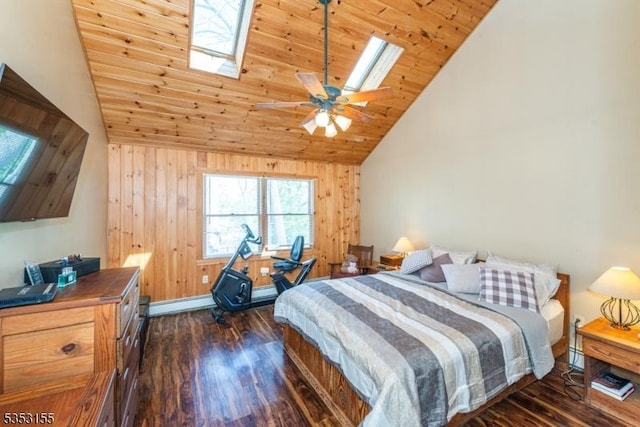 bedroom with a skylight, wooden ceiling, dark wood-style floors, and wooden walls