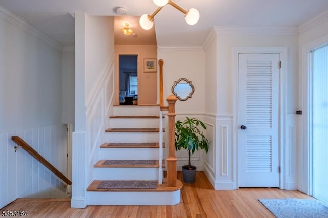 stairway with wainscoting, wood finished floors, and a decorative wall