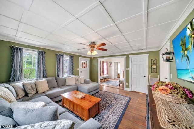 living room featuring ornamental molding, ceiling fan, and dark wood-type flooring