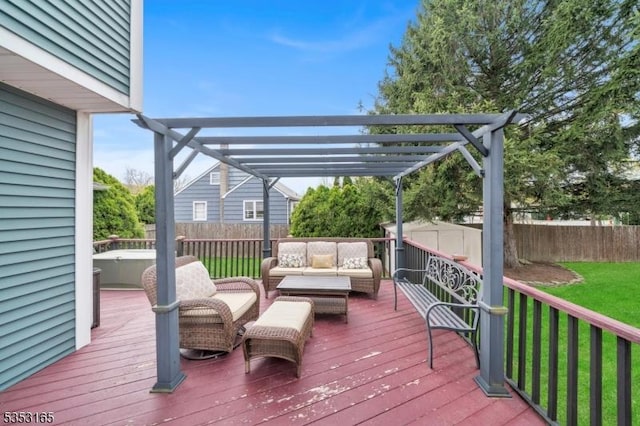 wooden terrace with outdoor lounge area, a fenced backyard, an outbuilding, and a storage shed