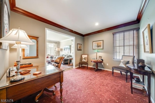 carpeted office with recessed lighting, baseboards, and ornamental molding