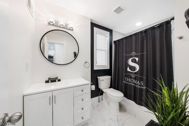 full bath with vanity, visible vents, marble finish floor, toilet, and a shower with shower curtain