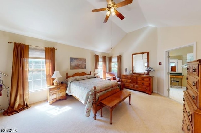 bedroom featuring a ceiling fan, lofted ceiling, light carpet, and multiple windows