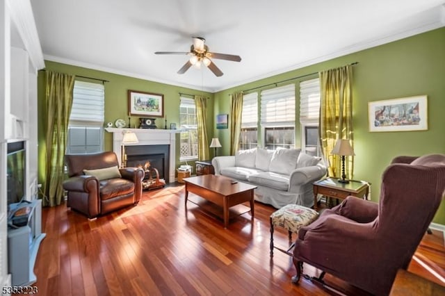 living area featuring crown molding, ceiling fan, a glass covered fireplace, and wood-type flooring
