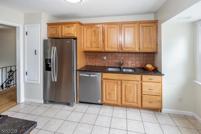 kitchen featuring dark stone countertops, decorative backsplash, appliances with stainless steel finishes, a sink, and baseboards