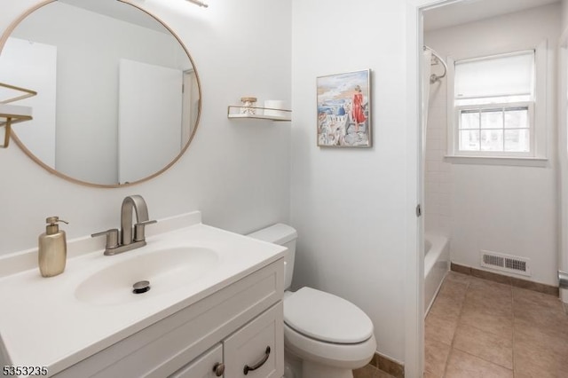 bathroom featuring visible vents, baseboards, toilet, vanity, and tile patterned flooring