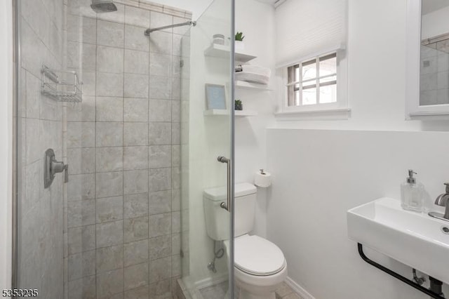 full bath with toilet, a stall shower, and a sink