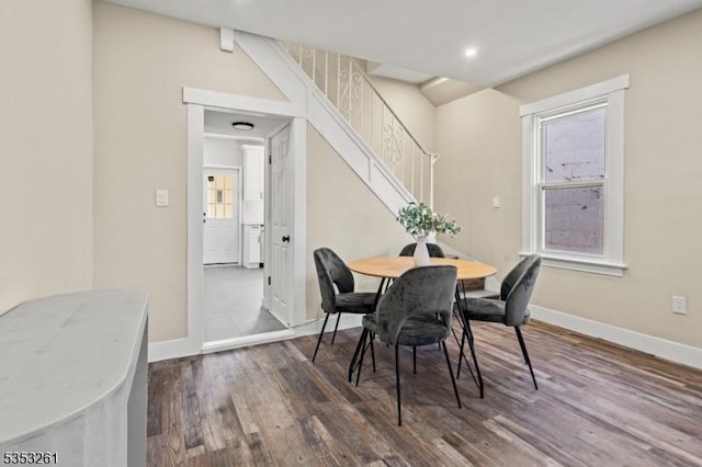 dining room with stairway, baseboards, recessed lighting, and dark wood finished floors