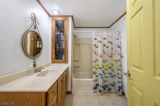 full bath featuring shower / bathtub combination with curtain, vanity, ornamental molding, and tile patterned flooring
