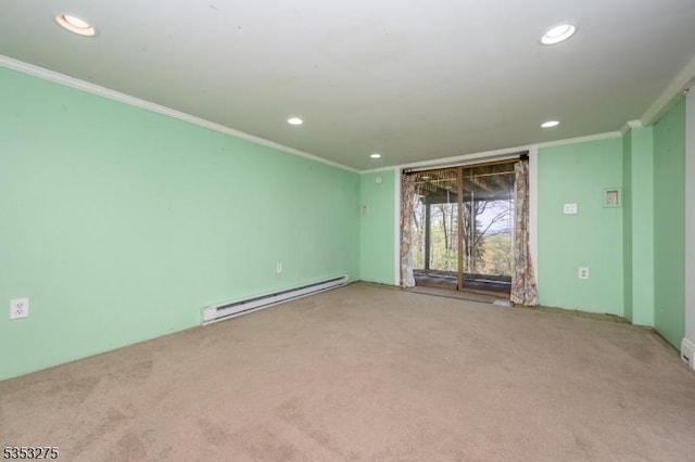 unfurnished room with a baseboard radiator, crown molding, recessed lighting, and carpet floors