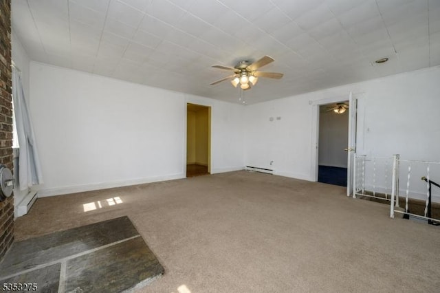unfurnished living room with ceiling fan, a baseboard radiator, and carpet floors