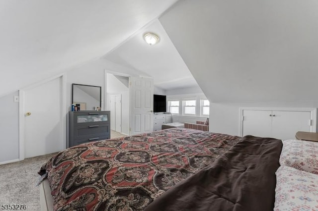bedroom with carpet floors and lofted ceiling