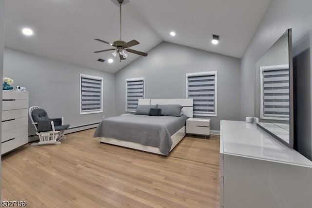 bedroom featuring light wood-style floors, a ceiling fan, vaulted ceiling, and recessed lighting