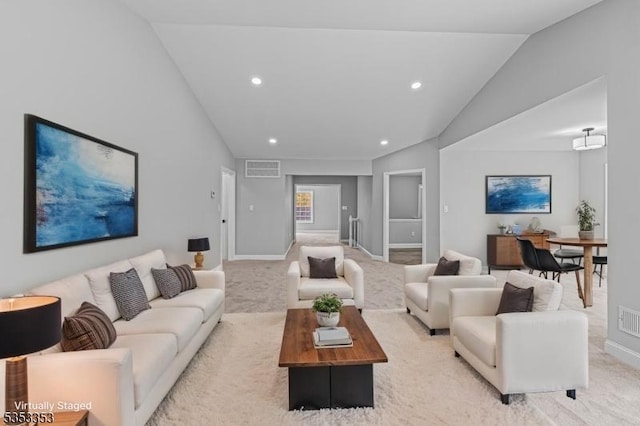 living room with vaulted ceiling, light carpet, recessed lighting, and baseboards