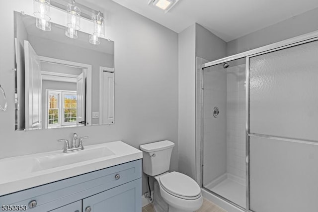 full bath featuring a shower stall, toilet, and vanity