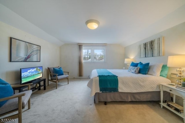 bedroom featuring carpet floors and vaulted ceiling