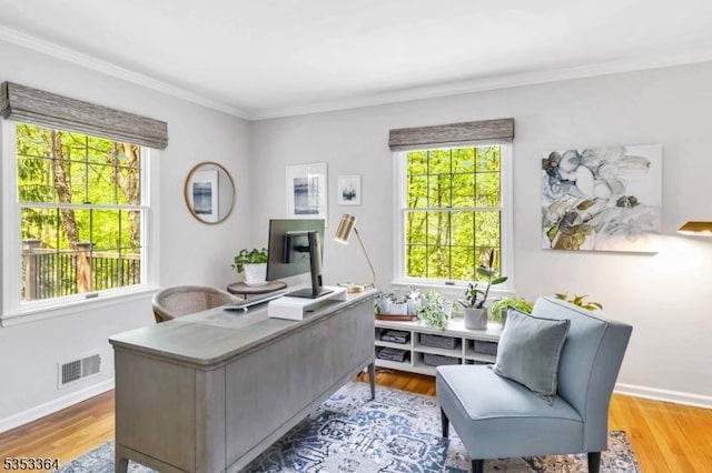 office area with visible vents, crown molding, and wood finished floors