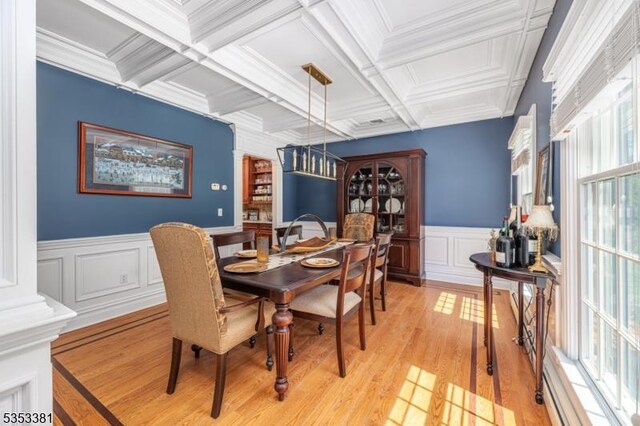 14 Jenny Ln, Vernon Twp, NJ 07461 - dining area featuring wainscoting, a decorative wall, light wood-style flooring, beamed ceiling, and coffered ceiling
