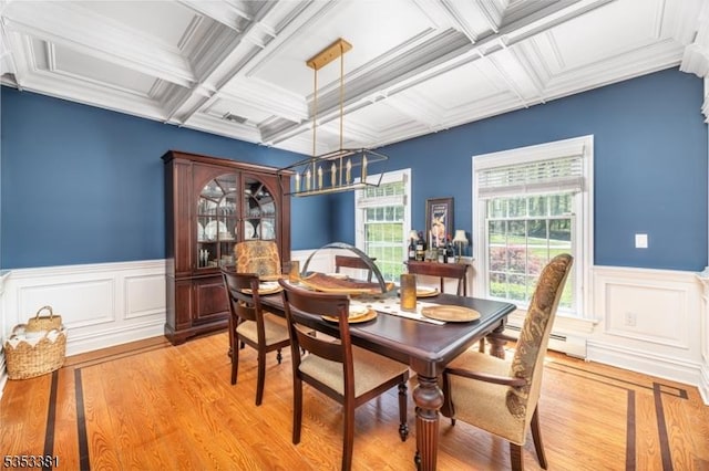 14 Jenny Ln, Vernon Twp, NJ 07461 - dining area featuring beamed ceiling, a wainscoted wall, coffered ceiling, light wood finished floors, and a notable chandelier