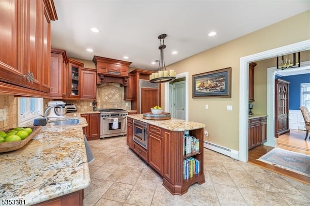 14 Jenny Ln, Vernon Twp, NJ 07461 - kitchen featuring light stone countertops, baseboard heating, a sink, appliances with stainless steel finishes, and backsplash
