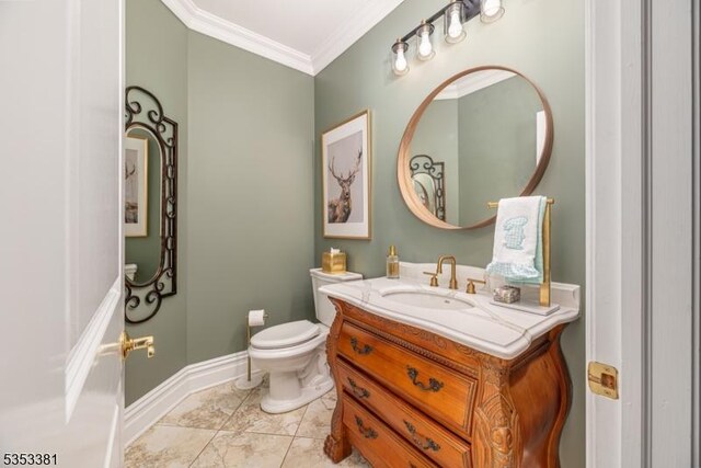 14 Jenny Ln, Vernon Twp, NJ 07461 - half bathroom with crown molding, vanity, and toilet
