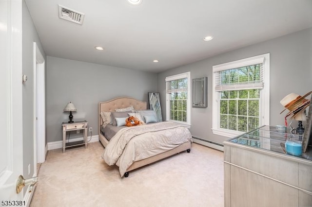 14 Jenny Ln, Vernon Twp, NJ 07461 - bedroom featuring light colored carpet, visible vents, baseboard heating, and recessed lighting